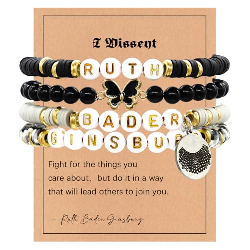 4pcs Ruth Bader Ginsburg Bracelet, Polymer Clay Iron Sheet Ruth Bader Ginsburg Beads Bracelet Feminist Power Gifts Fight for The Things You Care about Feminism Bracelet for Women Female Lawyers