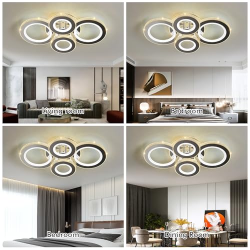 Image of Modern 56W Ceiling Light 4-Rings LED Ceiling Light Fixture with Remote Control Chrome Acrylic Dimmable Flush Mount Stainless Steel Chandelier for Livingroom Dining Room Kitchen Bedroom.
