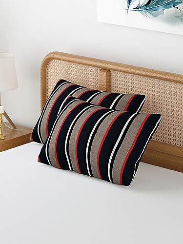 Image of Varde 180 TC Pillow Cover Set of 2 | Pillow Cover Cotton 100% | Pillow Cover Set of 2 King Size | Wrinkle Free & Fade Resistance | Striped Pattern | Standard Size | All Season Use (Black & Grey)