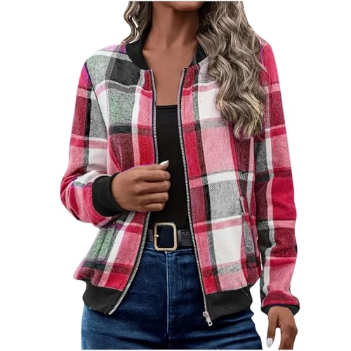 Mrat Women's Bomber Jacket Plaid Lightweight Jackets Long Sleeve Zip Up Flight Jacket Ladies Elegant Coats Baseball Jackets Checked Casual Comfy Slim Fit Top Pullover Open Front Cardigan 8 10 12 14 16