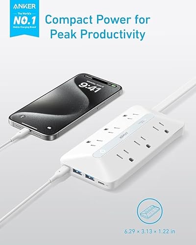Anker Power Strip with 300J Surge Protector, Flat Plug Extension Cord with Multiple Outlets, 6 AC, 2 USB A & 2 USB C Ports for 20W, 10ft Outlet Extender, Dorm Room Essentials, Home Office - Image 2