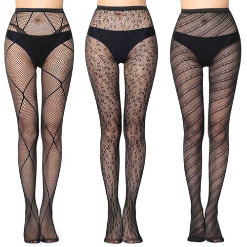Image of Women's Fishnet Pantyhose Tights, Black, 3 Pack, Geometric Pattern, Floral Lace, Diagonal Stripe Design