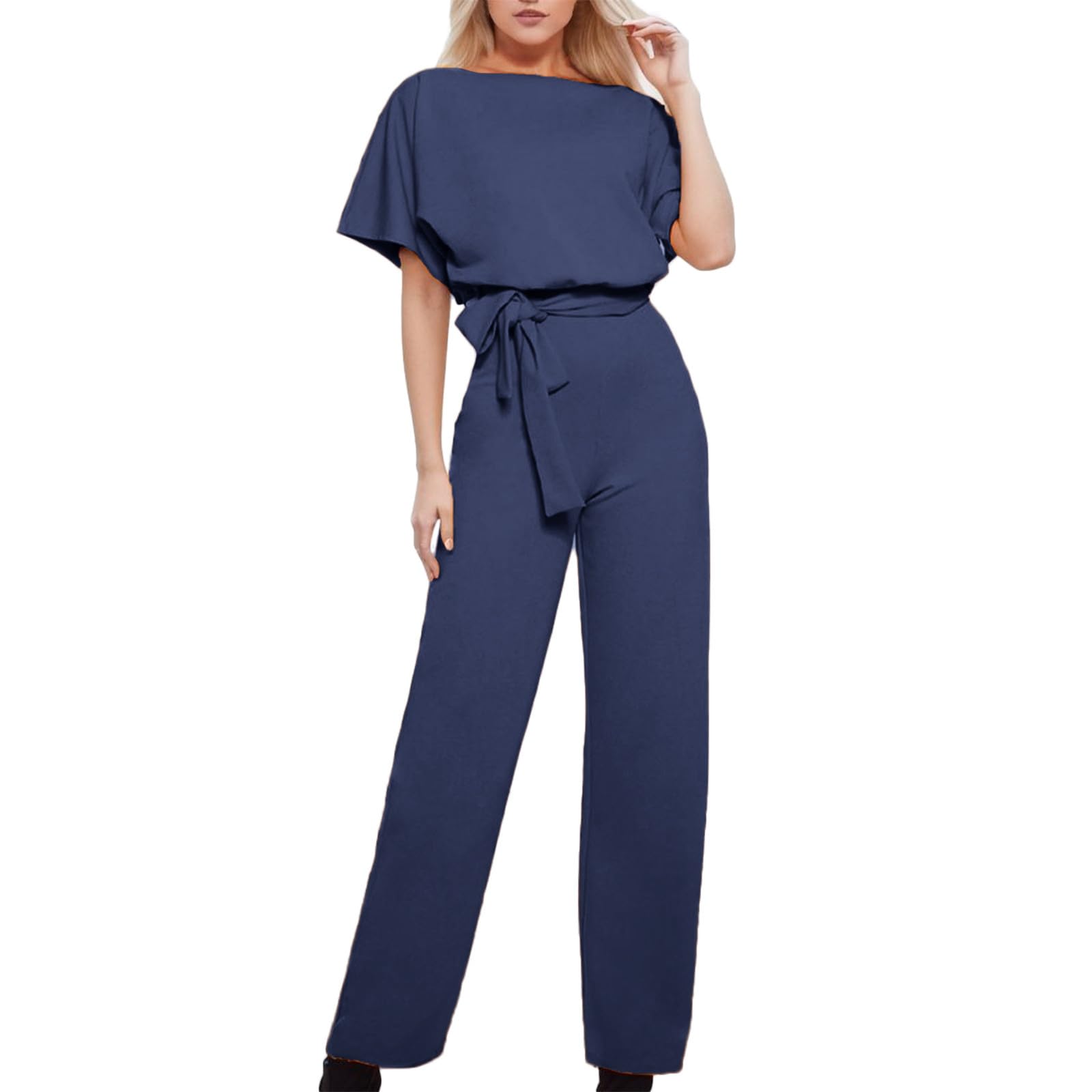 Women Pockets Long Sleeve Playsuit Clubwear Straight Leg Jumpsuit with Belt Womens Baggy Dungarees Long Playsuit Plus Size Pants/Dress Rompers UK Size 6-26