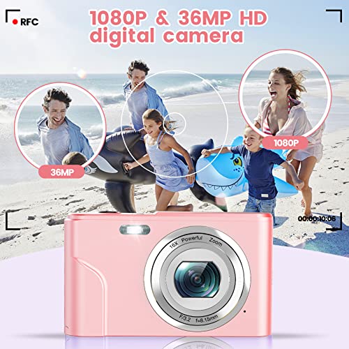 Digital Camera, Humidier Fhd 1080P 36Mp 16X Digital Zoom Mini Vlogging Video Camera With Battery Charger, Compact Portable Cameras Point And Shoot Camera For Kids,Teens,Beginners (Pink) #TOP1