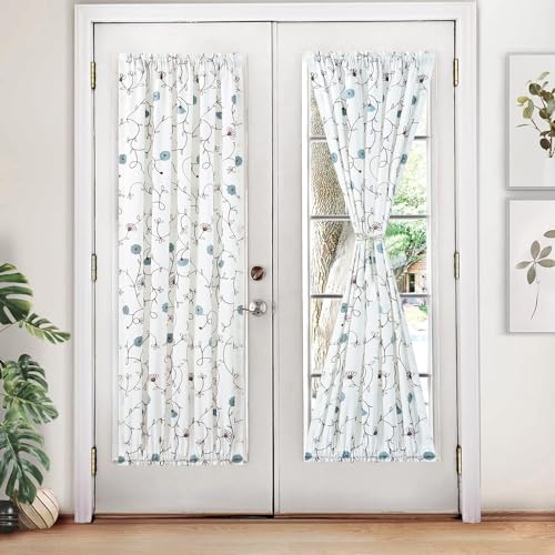 Image of VOGOL Rod Pocket Sliding Door Curtains, Flowers Embroidered Light Filtering Curtain Panels for Door Windows, 1 Piece, 36 x 72 Inches, Blue Floral