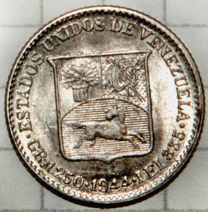 1944 Venezuela Coin 25 Centimos 1/4 Bolivar Uncirculated