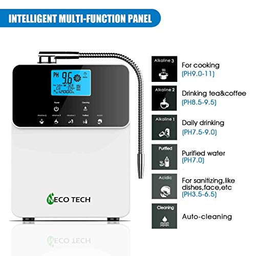 Image of NECO TECH AL-808A 11 Plates Alkaline Water Ionizer Machine | pH 3.5-10.5 | Hydrogen-Rich Antioxidant Water Generator | Touch Panel, Filter, ORP Display (White, 1 PCS)