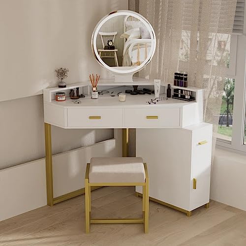Pakalife Corner Vanity Desk With Lights, Makeup Vanity With Storage Shelf & 3 Drawers, Cabinet And Cushioned Stool, Modern Bedroom Makeup Table (White) #TOP2