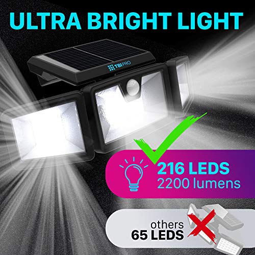 TBI Security Solar Lights Outdoor 216 LED 2200LM, 6500K, 7W - Extra-Wide Adjustable 360° 3 Heads with 3 Modes, Wireless Motion Sensor 40ft - Waterproof IP65 Spot Flood Lights Solar Powered 2200mah - Thumbnail 4