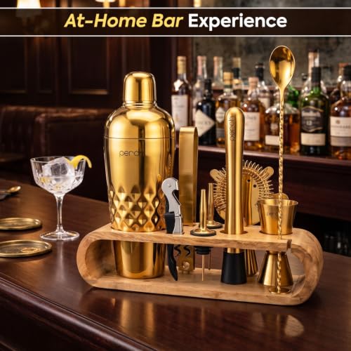 Image of O' Holic by Perch 10-Piece Bartender Kit with Mango Wooden Stand|Cocktail Shaker Gift Set with Jigger, Strainer, Spoon, Muddler,Pourers,Tongs & Corkscrew|Home Bar Accessories for Mixing Drinks(Golden)