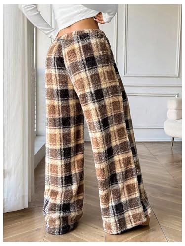 OYOANGLE Women's Plaid Fuzzy Pants Elastic Waist Loose Fit Wide Leg Cozy Lounge Trousers3