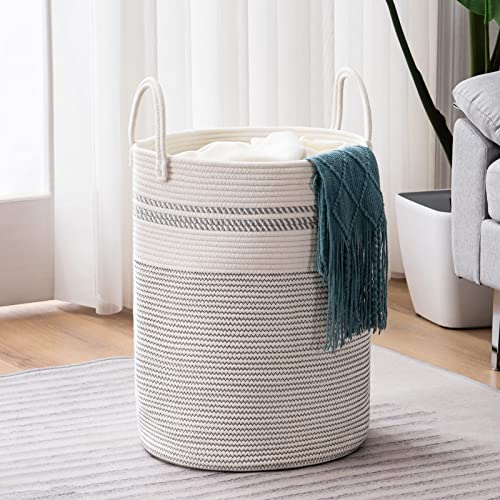 Image of YOUDENOVA Woven Rope Laundry Hamper Basket, 58L Tall Luandry Basket, Baby Nursery Hamper for Blanket Storage, Clothes Hamper for Laundry in Bedroom-Large-Stripe White