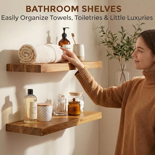 Image of Dreamland Floating Shelves 24 Inch Long for Wall Decor, Rustic Solid Elm Wood Floating Shelf Wall Mounted, Wall Shelves Set of 2 Invisible Bracket for Living Room Bathroom Bedroom Kitchen, Natural