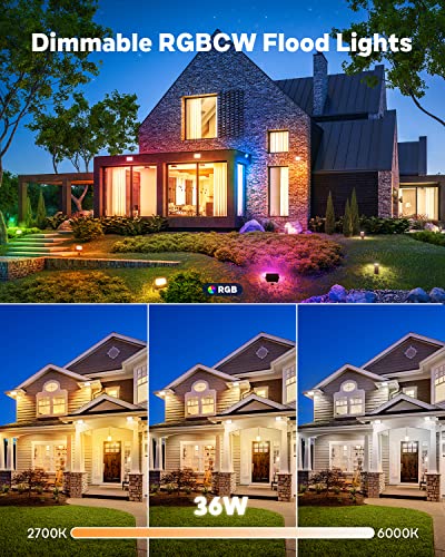Alfele Rgbcw Led Flood Light Outdoor 36W,Smart Diy Color Changing Landscape Lighting With App & Remote Control,2700K-6000K,3600Lm Outdoor Flood Lights For House,Garden Yards,Timing,Music Sync,Ip66 #TOP1
