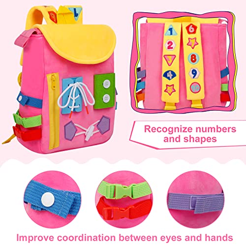 Image of Busy Board - Toddler Backpack with Buckles and Learning Activity Toys - Develop Fine Motor Skills and Basic Life Skills - Learn to Tie Shoes - Children's Travel Toy (Pink)