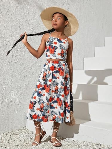 Image of Verdusa Girl's 2 Piece Summer Outfits Hawaiian Tropical Print Cropped Cami Top and Long Skirts