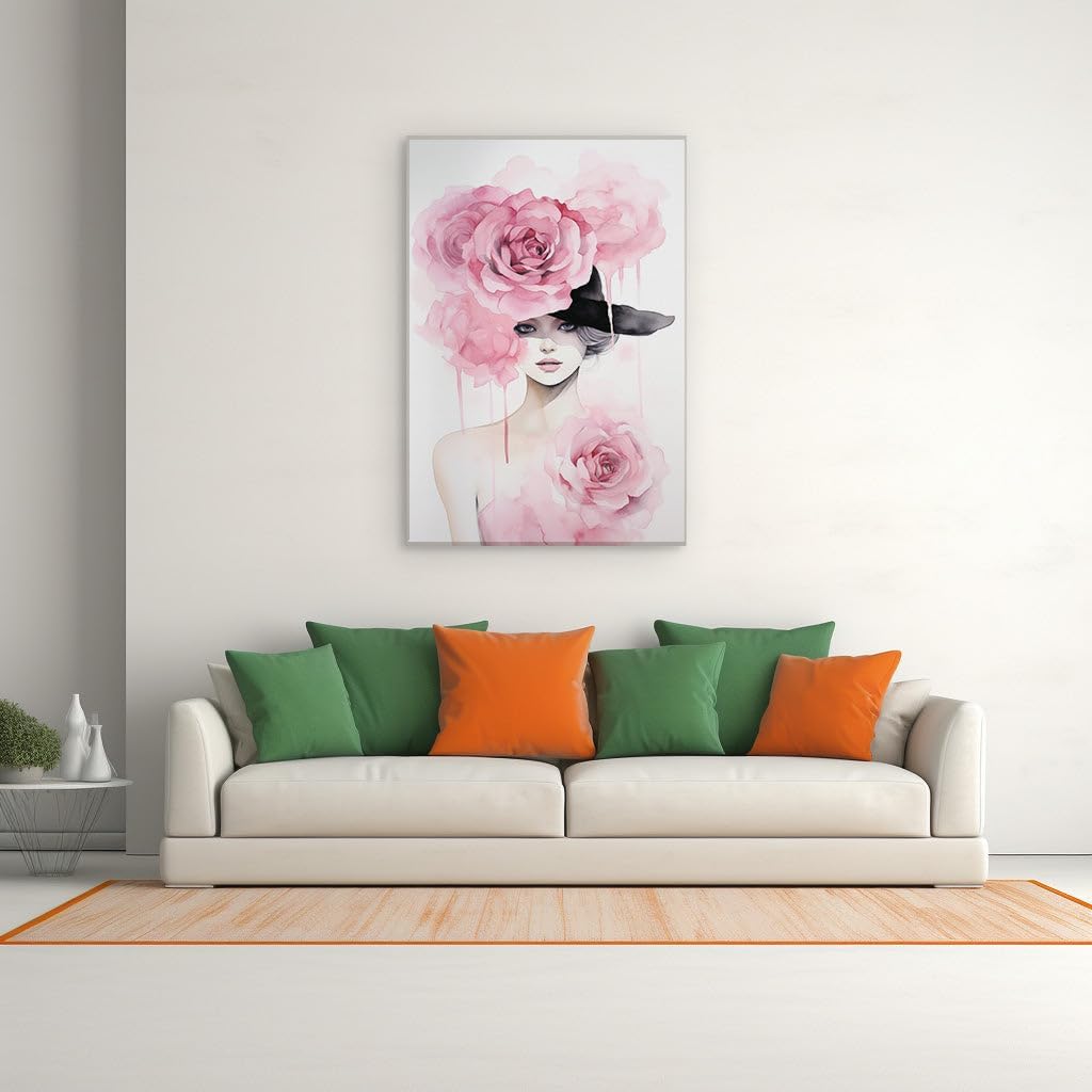 Canvas for Living room. Blooming Elegance: A Whimsical Portrait of a Woman in a Rose Embrace, 27 x 18 inch Canvas Wall Art - Contemporary Masterpieces - Botanical Home Decor - 69x46 cm (27x18 inch)