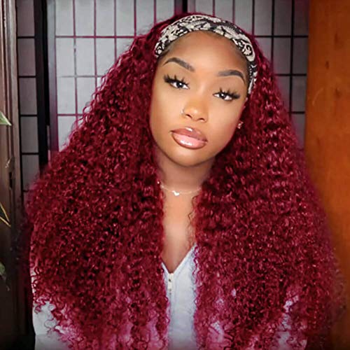BLY 99J Kinky Curly Headband Wig Human Hair Curly Headband Wig Red 10A Glueless Machine Made Non Lace Front Wigs 180% Density Burgundy Colored Headband Wig For Women (24 Inch)
