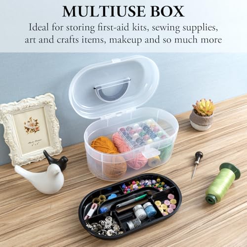 Image of MyGift 11 x 7 Inch Clear Plastic Arts & Crafts Storage Case, Round Portable Container with Black Top Handle and Removable Tray for First Aid Kit or Sewing Supplies