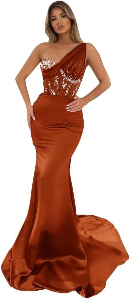 Long one shoulder satin tulle formal mermaid prom dress