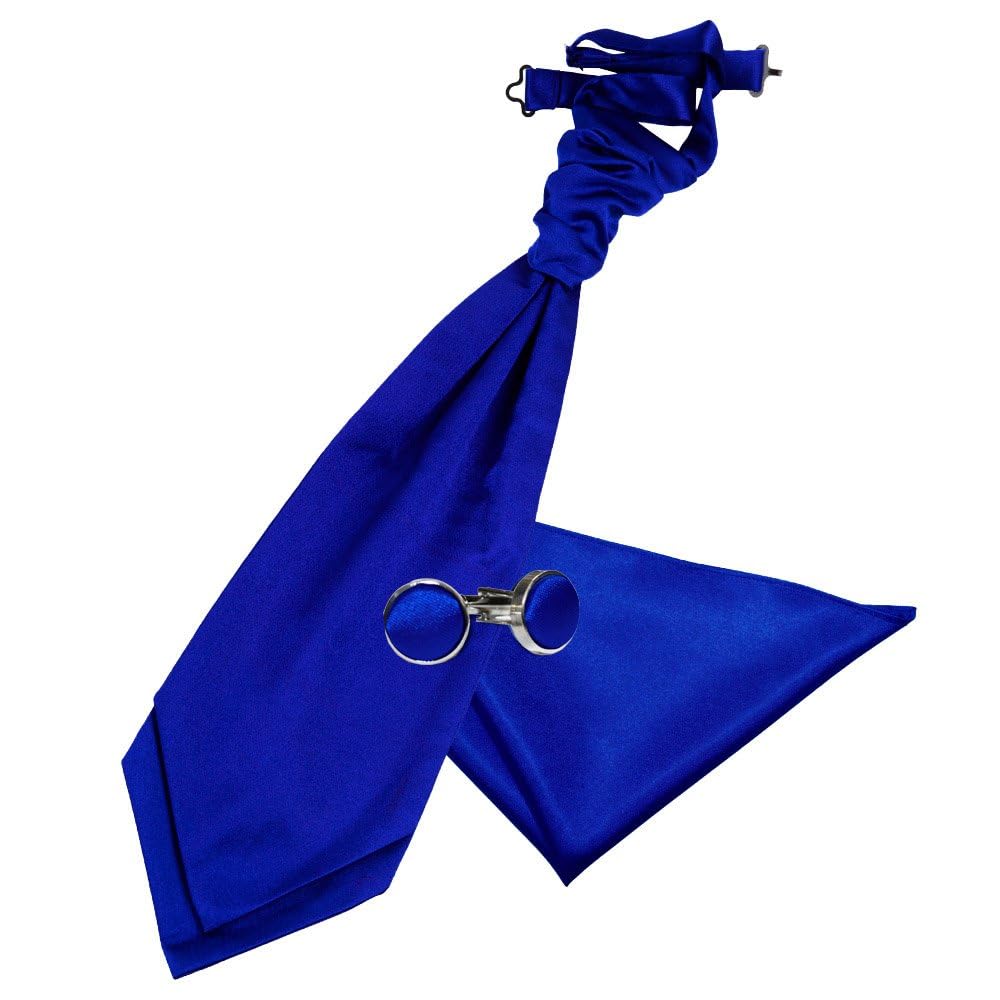 Dqt Men's Royal Blue - Pre-Tied Plain Satin Cravat Ascot Tie & Pocket Square Set With Cufflinks – Wedding Business & Formal - Royal Blue (Pre-Tied)