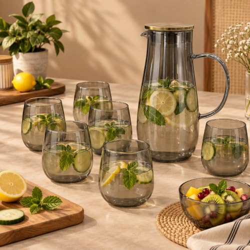 Image of bellemax 1.8 Litre Water Jug with Wooden Lid & 6 Black Juice Glasses Set | Premium Glass Water Jug Set for Home Kitchen | Juice, Water, Cold Drink Serving Set | Stylish Pitcher Set of 7 (BM-14)