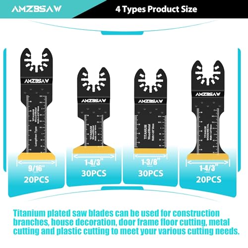 Image of AMZBSAW 100PCS Titanium Oscillating Multitool Blades Metal Cutting, Multi Tool Blades Kits for Metal Nails Wood Plastic and Hard Material, Saw Blades Fit Milwaukee Ryobi Dewalt Bosch, 4 Types