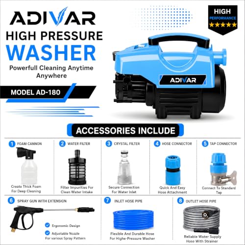 Image of AD-180 High Pressure Washer | 2000W Motor | 180 Bar Max Pressure | 7 L /Min Flow Rate | Portable Electric Washer for Car, Bike, Solar Panal, Walkways & Home Cleaning