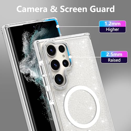 Image of Magnetic Case for Samsung Galaxy S22 Ultra [Compatible with Magsafe] [Bling Glitter Fluorescent Design] [1 Screen Protector] Slim Translucent Matte Case for Galaxy S22 Ultra 6.8 inch, White