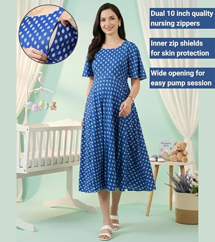 Image of DUMMY SHAPE Feeding Kurtis for Women Cotton Blend | Floral Pregnancy Flare Kurta with Dual Nursing Zippers to Pre & Post Partum | Maternity Dresses | Gifts for Pregnant Woman