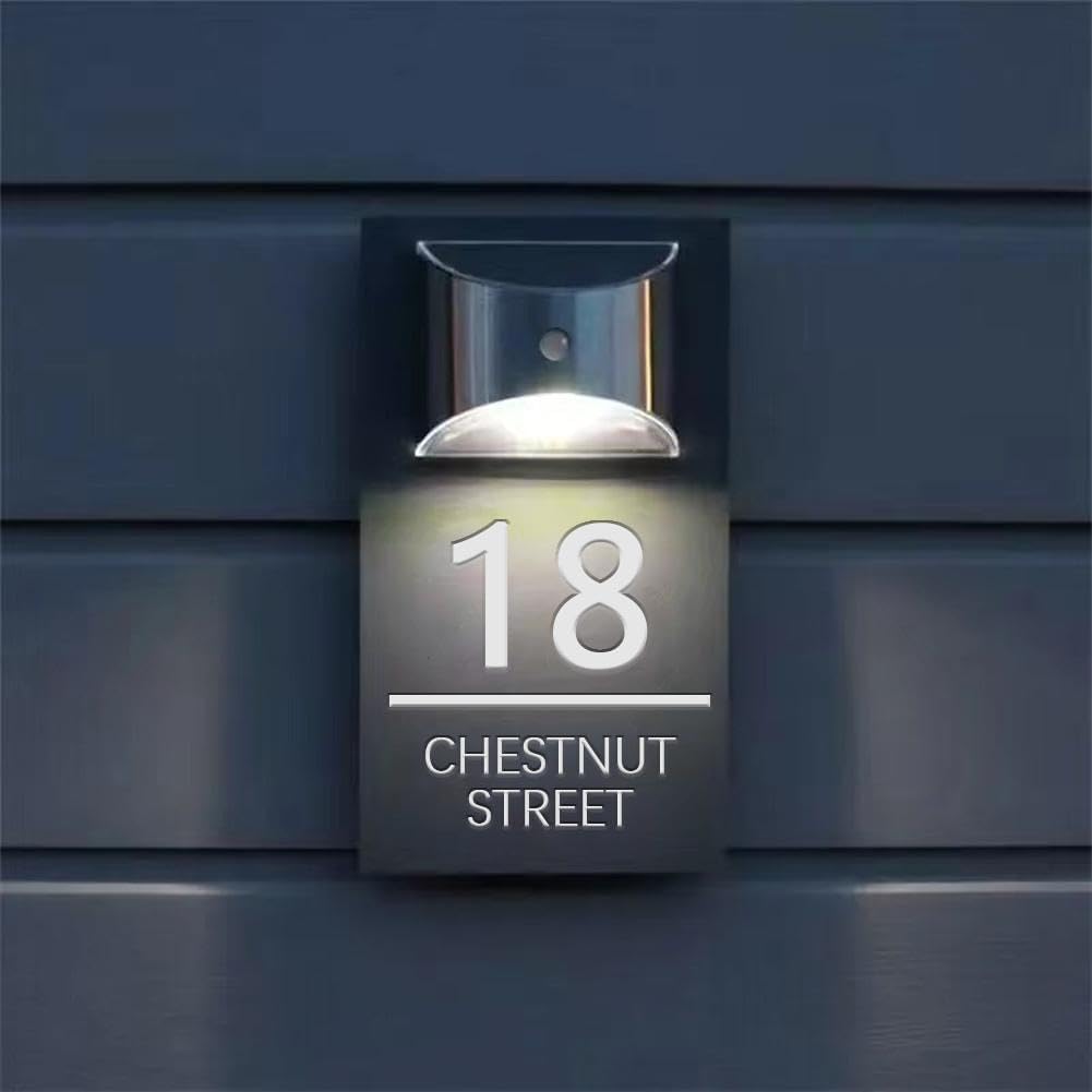 Custom Solar House Sign, Personalised House Number with Solar Light, Personalized Solar House Number Sign, Custom Outdoor Home Numbers Street Name LED Modern House Signs for Home/Yard (Silver)