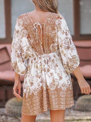 Image of CUPSHE Women's Plunging V Neck Backless Beach Dress Paisley Boho Blouson Sleeve Back Tie Waist Tie Mini Summer Dresses