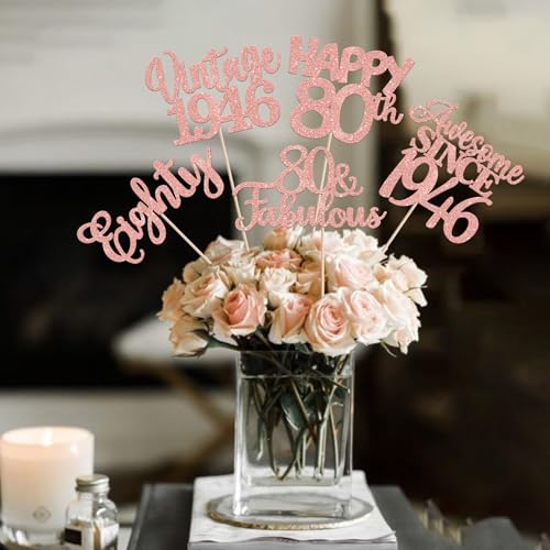 Image of 15 PCS 80th Birthday Centerpiece Sticks Happy 80th Vintage 1946 Table Flower Centerpieces Sticks Cheers to 80 Fabulous Floral Decorations for 80th Birthday Party Centerpieces Supplies Rose Gold