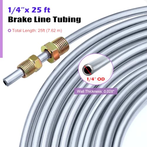 Image of 1 /4 inch Tubing Kit - 25 Ft. of 1 /4 Flexible Copper Coated Brake Line Tube for hydraulic brakes Fuel Transmission System and 16 Inverted Flare Fittings