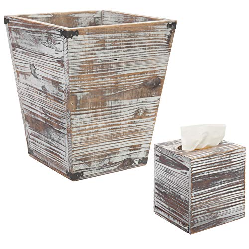 MyGift Farmhouse Style 2 Item Bundle, Rustic Torched Wood Square Tissue Box Cover with Slide-Out Bottom Panel and Wastebasket Bin with Decorative Metal Brackets