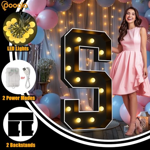 Image of Pooqla 4 FT Marquee Light Up Letters, Black Marquee Letter Lights 4 Feet Tall, Giant Letter Sign Big Mosaic Letters for Balloons Birthday Party Anniversary Wedding Decorations, Warm White Letter R