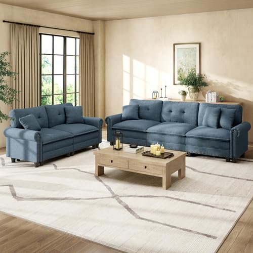 Image of HERA'S HOUSE Modular Sectional Sofa Set for Living Room 2-Piece Deep Seats | Mid-Century Modern 5-Seater Cloud Sofa Set, Cyan, Rolled Arms & Nailhead Trim, Wider & Deeper Seats, Linen Furniture Set