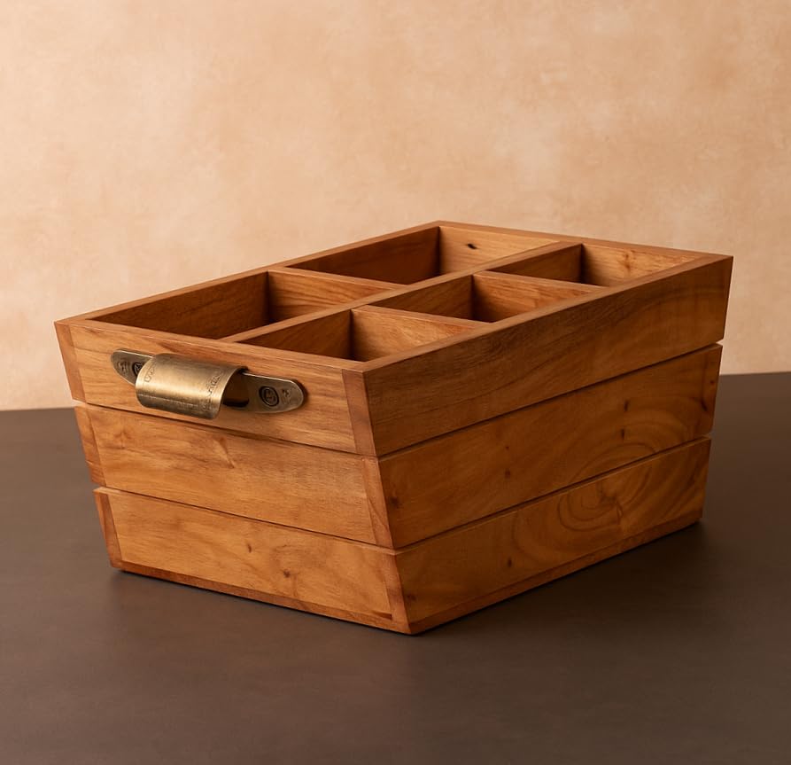 Image of Ikari Homes Acacia Cutlery Stand I Boho Premium Wooden Caddy I Spoon knife Fork Tissue Holder Stand I Cutlery Stand I Premium Acacia Wood I Big size with 5 Multi compartments - 23x16x11 cm