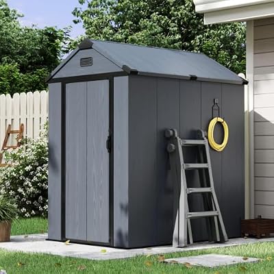 Aoxun 4×6 FT All-Weather Resin Storage Shed, Outdoor Plastic Tool Shed with Reinforced Floor, Lockable Door, Window & Vent for Garden Patio Backyard, Stores Bike, Garbage Can & Yard Gear, Dark Gray
