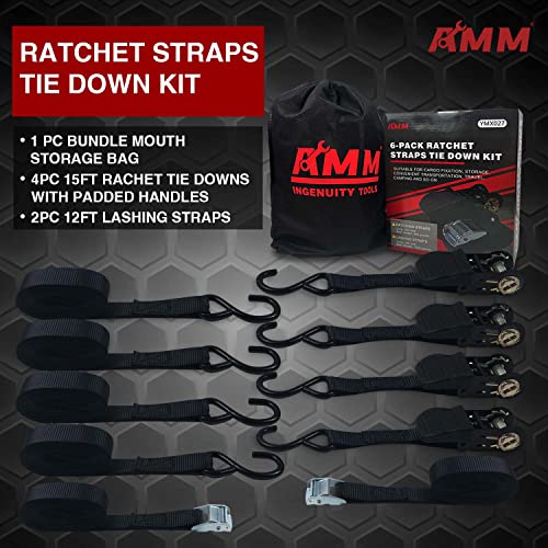 Amm Ratchet Tie Down Strap（6-Pack），1500Lb Guaranteed Max Break Strength，4Pc Premium 15Ft Rachet Tie Downs With Padded Handles，2Pc 12Ft Lashing Straps Up To 600Lbs，Best For Moving，Securing Cargo #TOP1