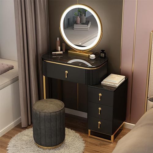 Elegante escritorio de maquillaje con luces de espejo, 4 cajones, elegante juego de tocador con taburete acolchado, perfecto para dormitorios de mujeres y niñas.