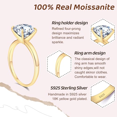 Aurora & Fiori 1/1.5/2/3 CT Round Moissanite Engagement Rings for Women,18K Gold Plated S925 Sterling Silver Ring Solitaire Moissanite Promise Ring For Her,D Color VVS1 Wedding Band Ring Size4-103