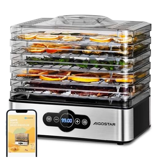 Deshidratador de Alimentos 240W Aigostar Crispy, Deshidratador con 5 Bandejas Altura Regulable, Pantalla LED, Temporizador 99H y Temperatura Ajustable, Deshidratadora de Frutas y Verduras, Sin BPA