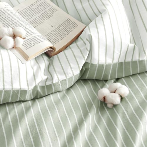 Image of Nayoroom Striped Duvet Cover Queen Reversible Green White Stripe Bedding