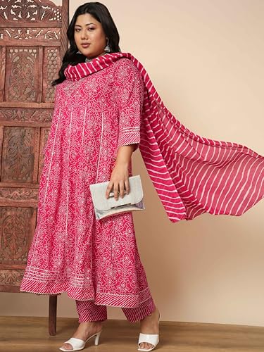 Image of Vbuyz Women's Printed & sequience work A-line Cotton Pink Kurta Pant With Dupatta