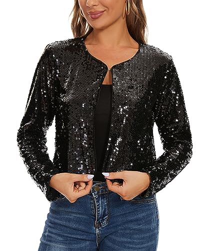 MINTLIMIT Women's Sequin Jacket Long Sleeve Open Front Sparkly Shrugs Glitter Cropped Bolero Cardigans3