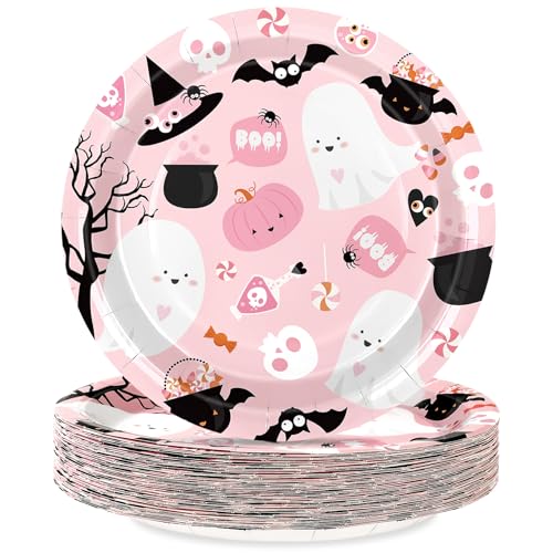 50Pcs Halloween Paper Plates Pink Cute Boo Ghost Disposable Plate...