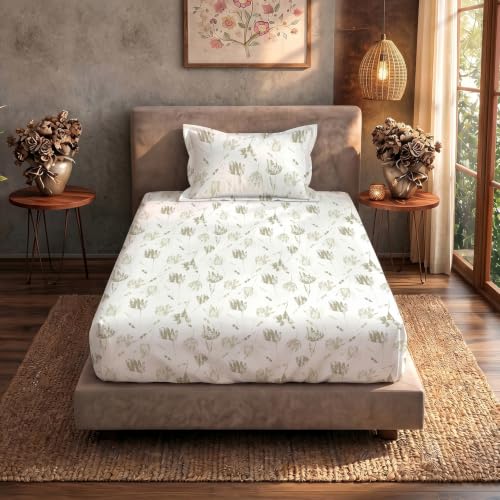 Urban Space Serene 100% Cotton bedsheet for Single Bed, 200 TC Single Bed Sheet, Cotton bedsheet with 1 Pillow Cover (58 x 90 inches, Frosted Tulips Olive Gray)