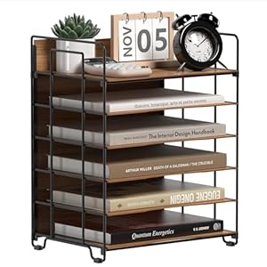 LUCYCAZ Wood Desk Organizer – 6 Tier Desk Organizer with Handle, Teak-Color Paper Tray for Letter/A4, File Organizer for Desk, Paper Storage for Home, Office, School