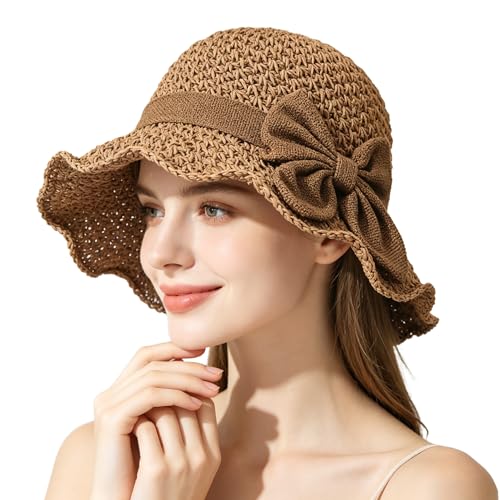 Sombrero de paja plegable para mujer con ala ancha y lazo miniatura 1